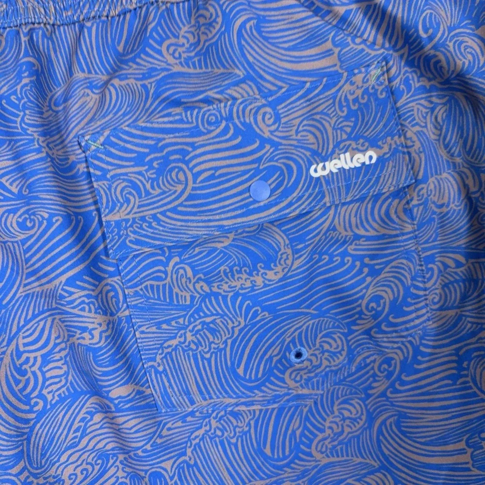 Wellen Performance Swim Trunks Mens 2XL Blue Ocean Waves‎ Lined Pockets